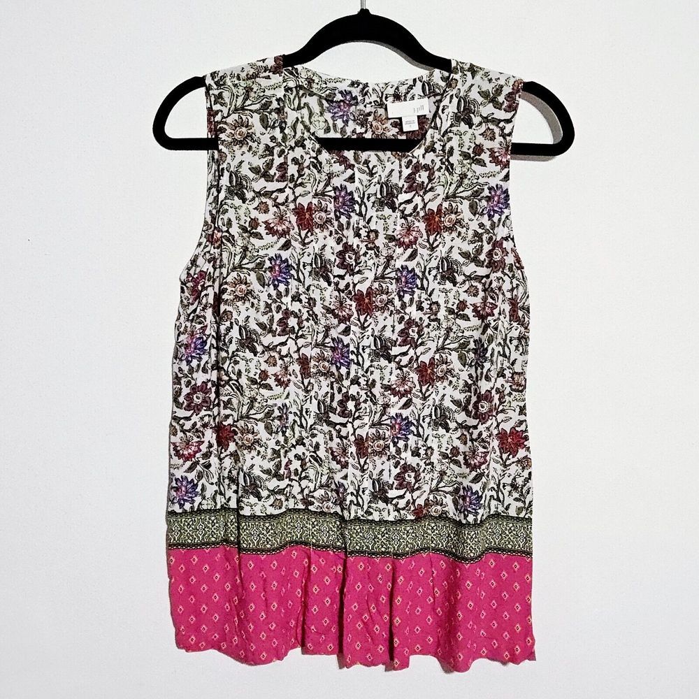 J Jill Sleeveless Top Womens Sz S Multi Color Floral Contrast Hem Blouse